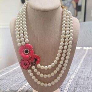 Talbots Elegant Pearl Necklace with Pink Floral Accents Barbiecore 20" NWOT